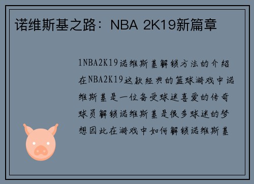 诺维斯基之路：NBA 2K19新篇章
