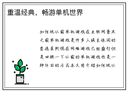 重温经典，畅游单机世界