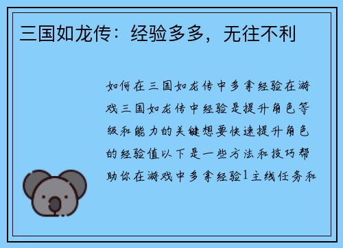 三国如龙传：经验多多，无往不利