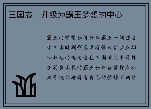 三国志：升级为霸王梦想的中心