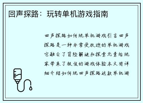 回声探路：玩转单机游戏指南